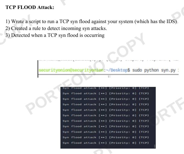 Snort alerts detecting a TCP SYN flood attack