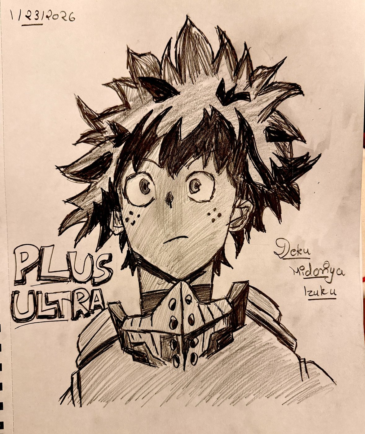 Hand-drawn anime-style sketch of a character with "Plus Ultra" written beneath it